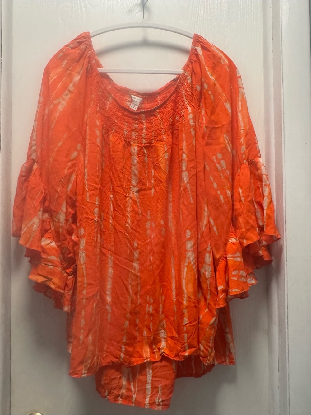 Cato Orange Tie-Dye Ruffle Sleeve Peasant Blouse